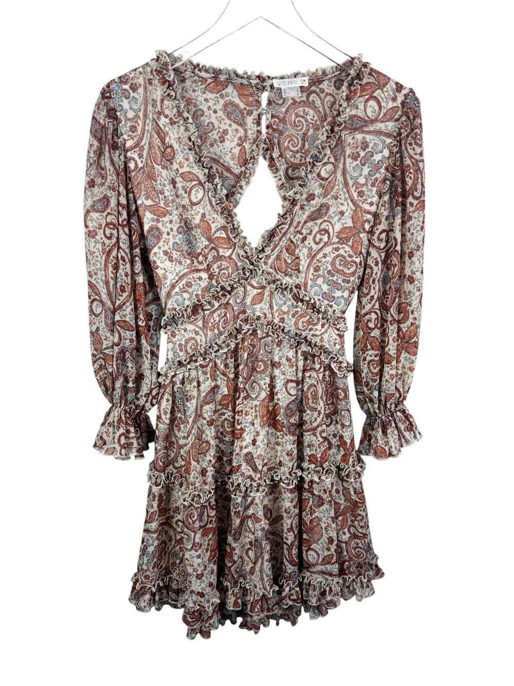 Venus Paisley Romantic Cottagecore Milkmaid Puff Sleeve Ruffle Mini Dress Size 2